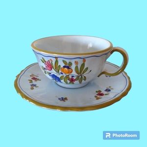 PV Peasant Village Two Cup Saucer Sets Blue Floral‎ Italian Handmade Pottery